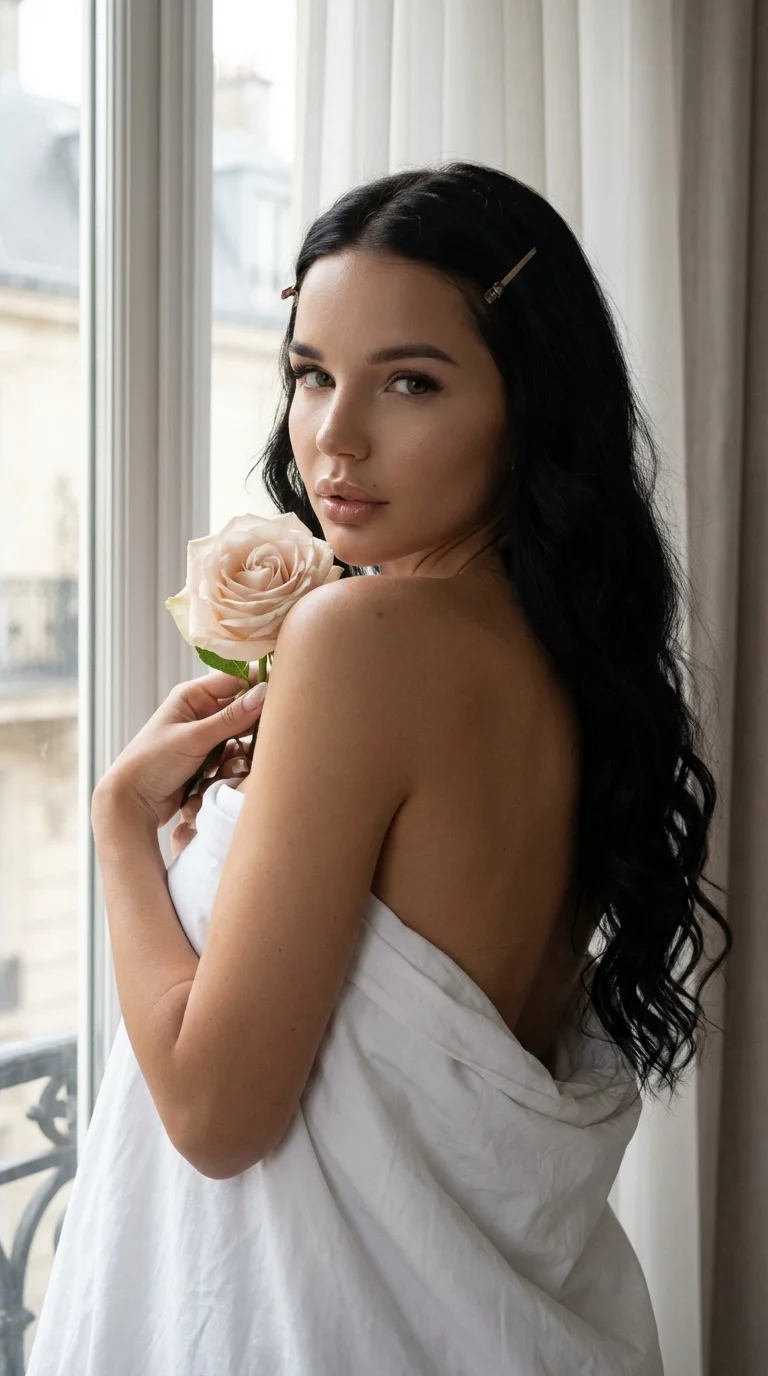 Ultra-realistic iPhone portrait near a bright window in an elegant Parisian apartment. The woman sits wrapped in a white sheet with her back turned slightly while looking over her shoulder toward the camera. She holds a pale blush rose near her shoulder. 