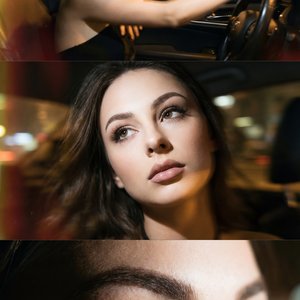 The image is divided into three sections, each portraying a different aspect of a nighttime car ride, featuring a young woman.

In the top section, the scene is set inside a car. The woman is resting against the window, her arm stretching across, touching
