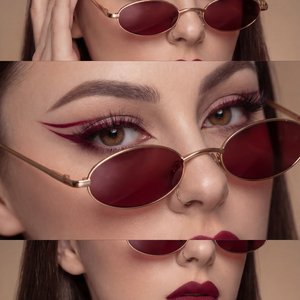 The image is a collage of three close-up shots of a person wearing stylish red sunglasses. The individual has long, straight hair and is sporting bold makeup. The eyes are accentuated with striking red eyeliner which creates a dramatic winged effect. The 