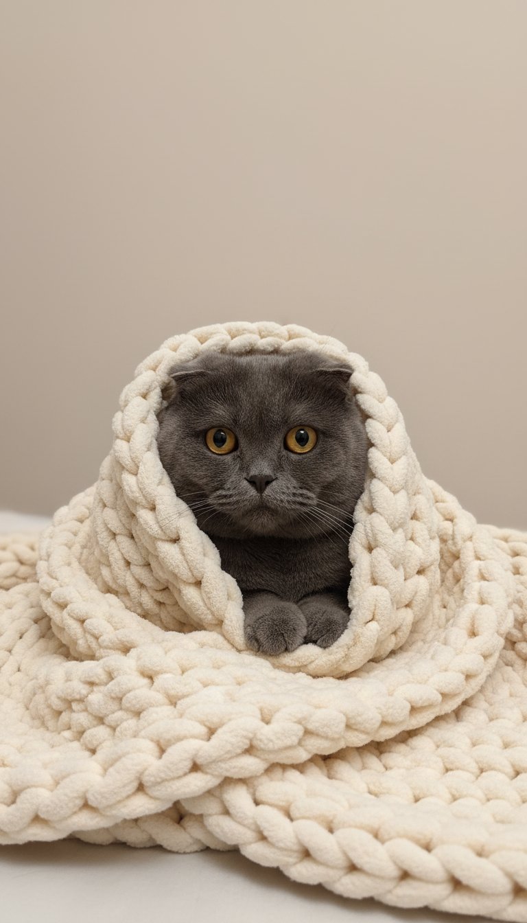 Sitting cozily wrapped in a soft chunky knit blanket, minimalistic aesthetic, soft warm lighting, calm cozy atmosphere, centered composition, lots of negative space, pastel neutral background (beige, cream tones), ultra clean studio look, shallow depth of