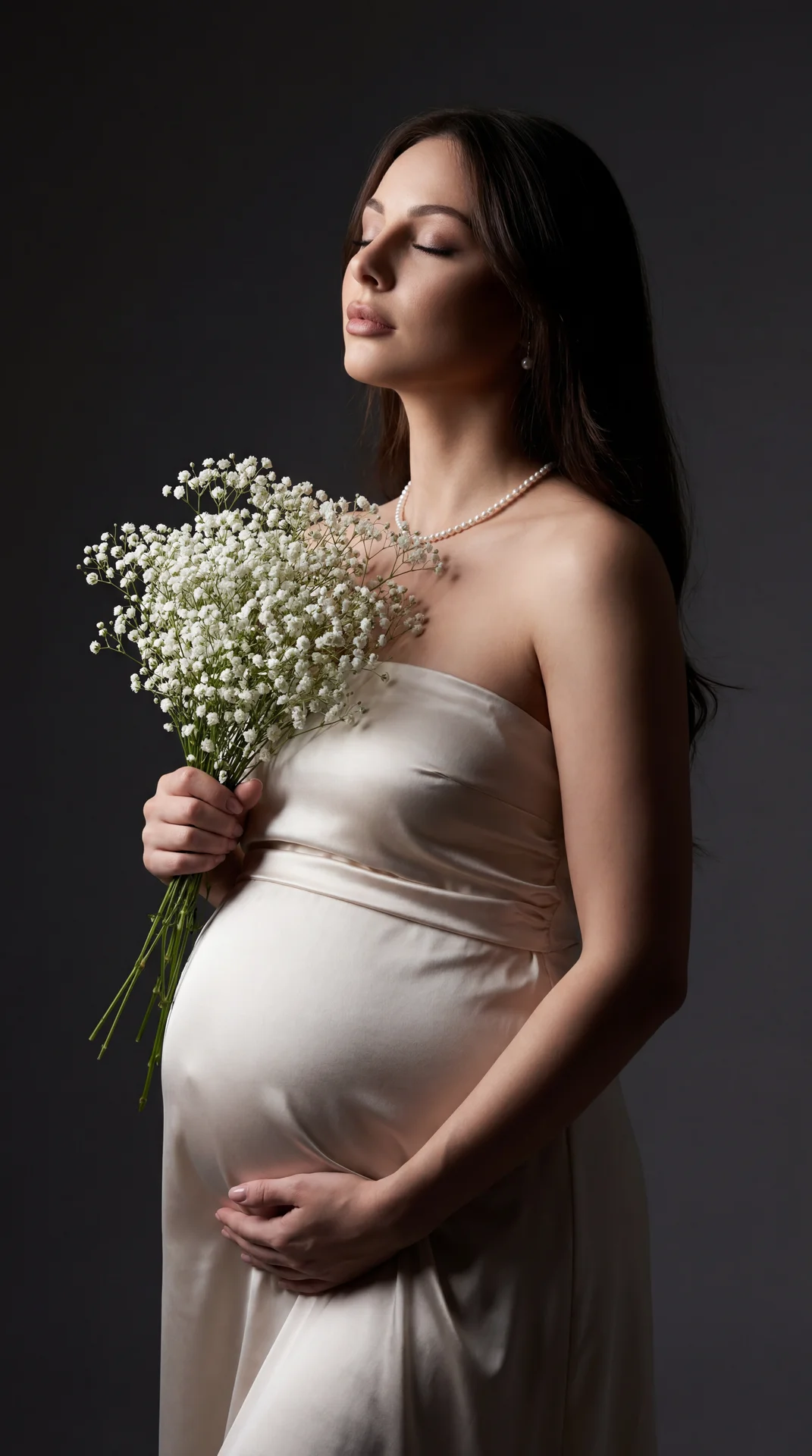Professional studio portrait, medium shot, three-quarter profile of a pregnant woman standing; eyes gently closed, head subtly tilted upward toward camera-left, serene calm expression, lips softly closed; one hand cradles the underside of the belly (palm 