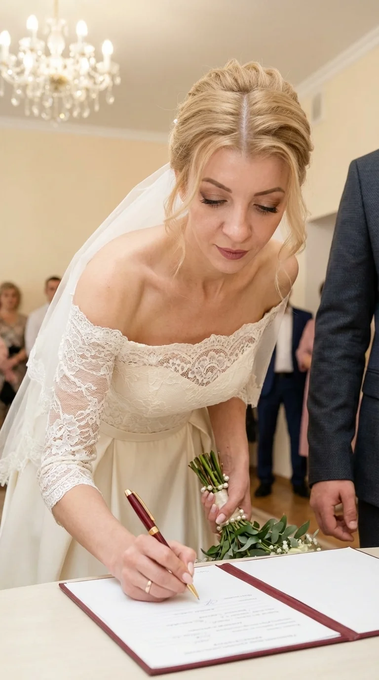 A woman stands at a table in a bright registration hall. Her body is slightly leaned forward, one hand holding a pen and signing a document on the table, while the other holds a small bouquet. Her head is lowered, her gaze directed at the document. The fr