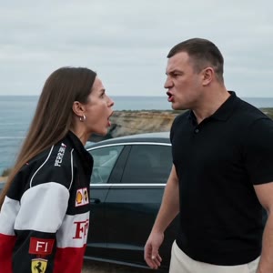 Scene structure:

0–2s: A man (@image2) and a woman (@image1) are arguing furiously on a cliff above the ocean next to a black car. They stand facing each other at close range, yelling loudly, their faces full of anger, gestures sharp and aggressive, spee