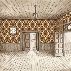 Ты художник-постановщик и тебе нужно  создать эскиз, этого помещения совершенно пустого, без предметов 
Все  деревянное: пол, потолок, раскладка на стенах, — остается таким  же деревянным. Стены внизу  остаются как есть. Верх стен — красного цвета покрой 