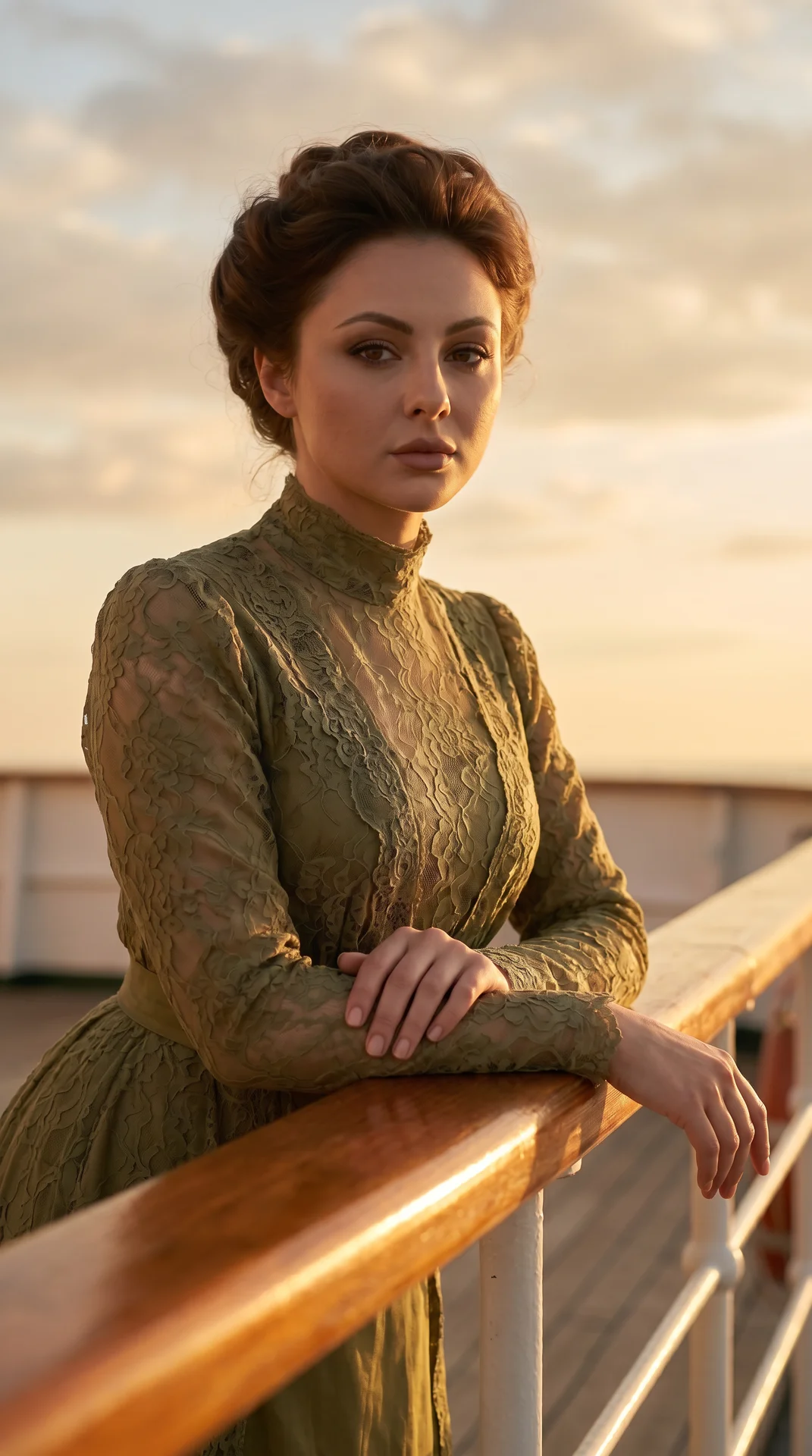 2)
Use the uploaded SCENE REFERENCE image as an ABSOLUTE STRICT reference for:

• composition  
• pose  
• framing  
• railing position  
• historical clothing  
• hairstyle  
• facial expression mood  
• lighting  
• sky background  
• camera angle  
• b
