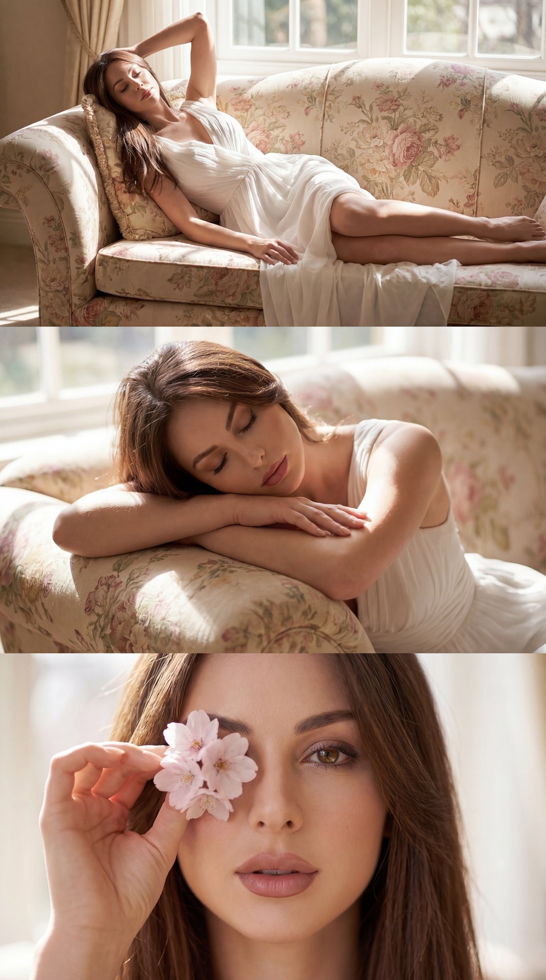 The image is a triptych featuring a woman in a serene, domestic setting. 

In the top frame, she reclines gracefully on a floral-patterned sofa. The soft, natural light streaming through the window casts gentle shadows, creating a warm and inviting atmosp