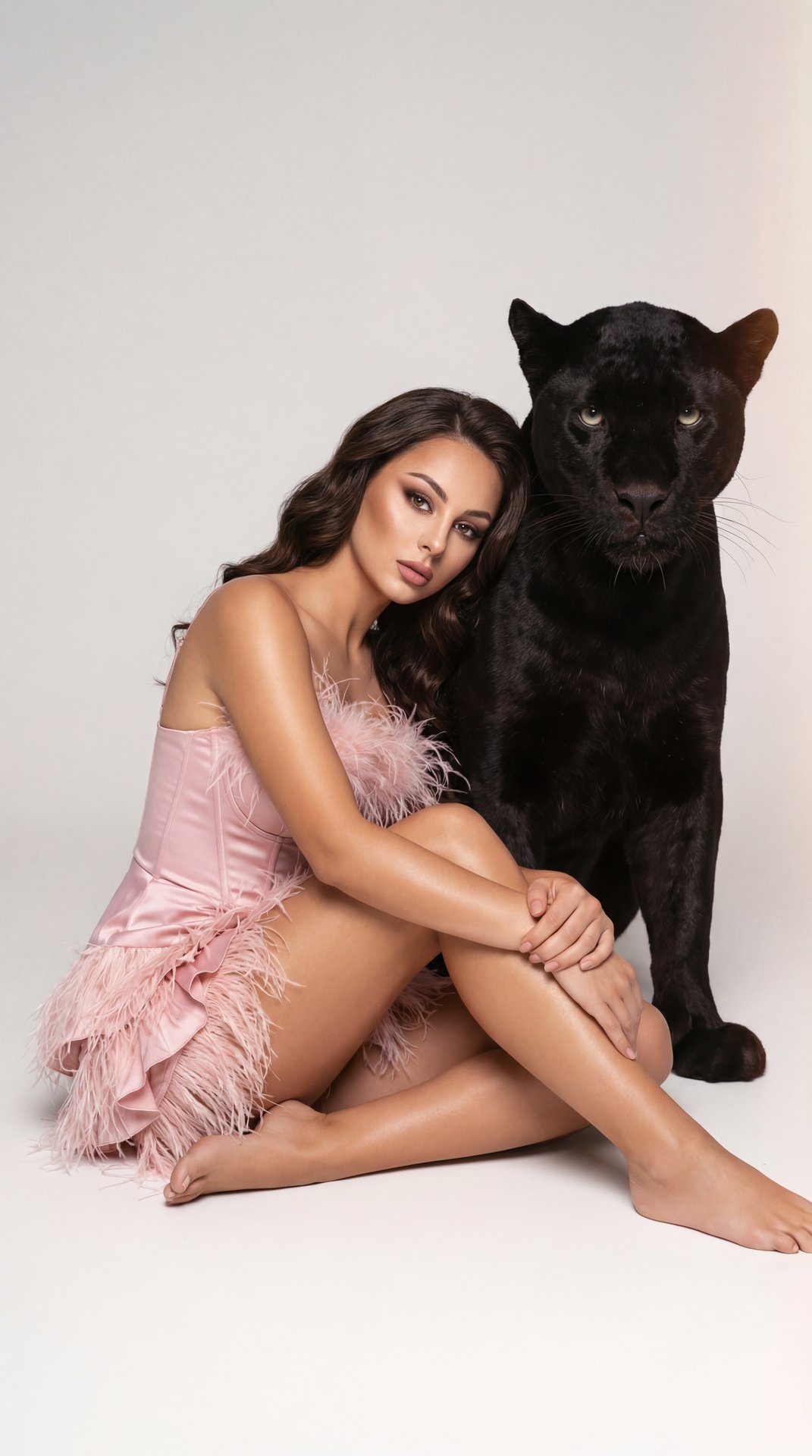 A girl, wide full-body shot, direct eye-level angle, professional DSLR studio photography. Slender tanned figure. Sitting on the studio floor angled slightly left, knees bent upwards. Arms elegantly wrapped around her raised legs, resting lightly on her s