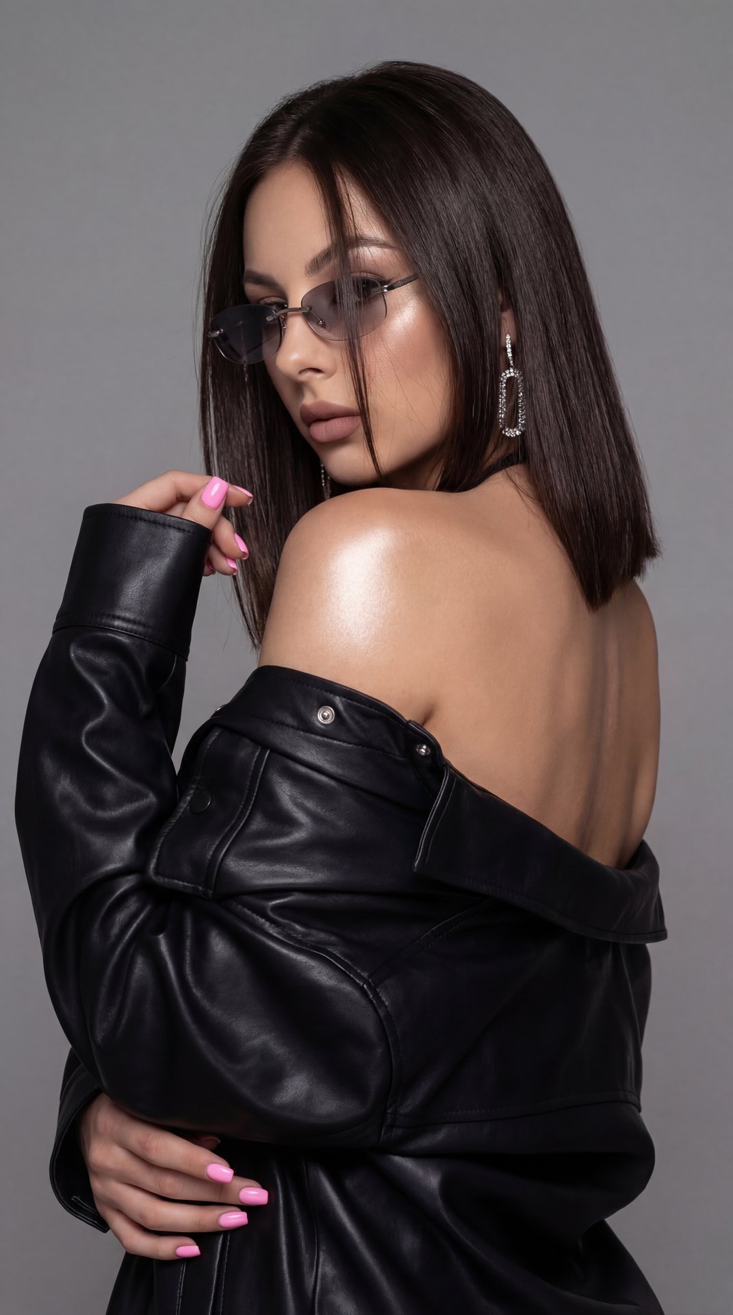 A girl captured in a stylish, high-fashion studio close-up portrait with a "cool girl" aesthetic.

Pose and Body Angle: She is standing in a three-quarter back profile, turning her torso slightly away, but her head is turned sharply over her left shoulder