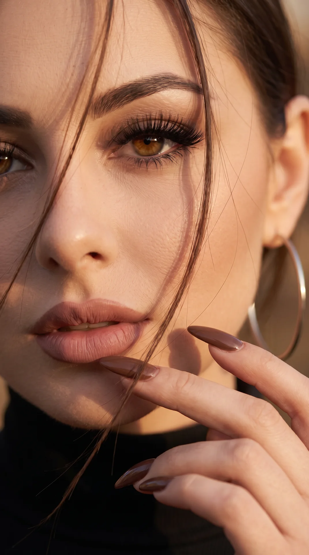 Крупный план (extreme close-up) лица молодой женщины, 100% сходство, с выразительными чертами. Лицо частично перекрыто тонкими прядями волос, создающими эффект глубины и загадочности.

Детали лица и макияж:
*   Глаза: Один глаз находится в фокусе, радужка
