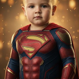 cinematic DC movie style portrait of a young boy superhero, wearing a red and blue super suit with a large metallic red and gold "S" emblem on the chest, detailed armored suit, red cape, realistic textures, heroic pose, confident calm expression, blue eye