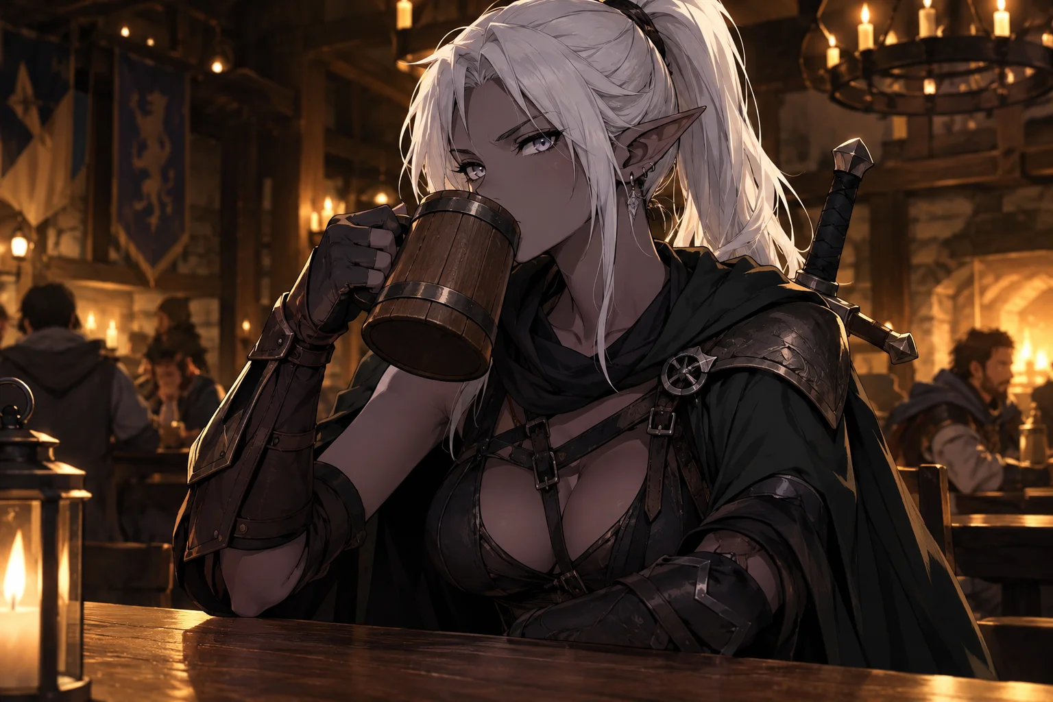 Dark elf adventurer swordswoman, white hair in a ponytail, serious, in the tavern drink ale, anime style.
