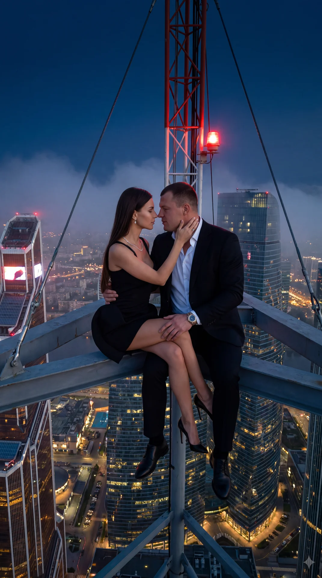 Ultra-realistic luxury cinematic rooftop editorial. A breathtakingly attractive glamorous couple sitting high above the city on the narrow steel framework of a skyscraper communications tower, hundreds of meters above the streets. They are balanced effort