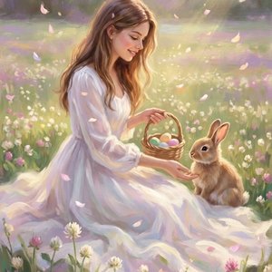 Artistic masterpiece of a girl in a white flowing dress sitting in a beautiful pose on a field of clover. She is looking at a cute Easter rabbit with a tender smile. Ethereal lighting, pastel colors, whimsical atmosphere, cinematic lighting, petals blowin