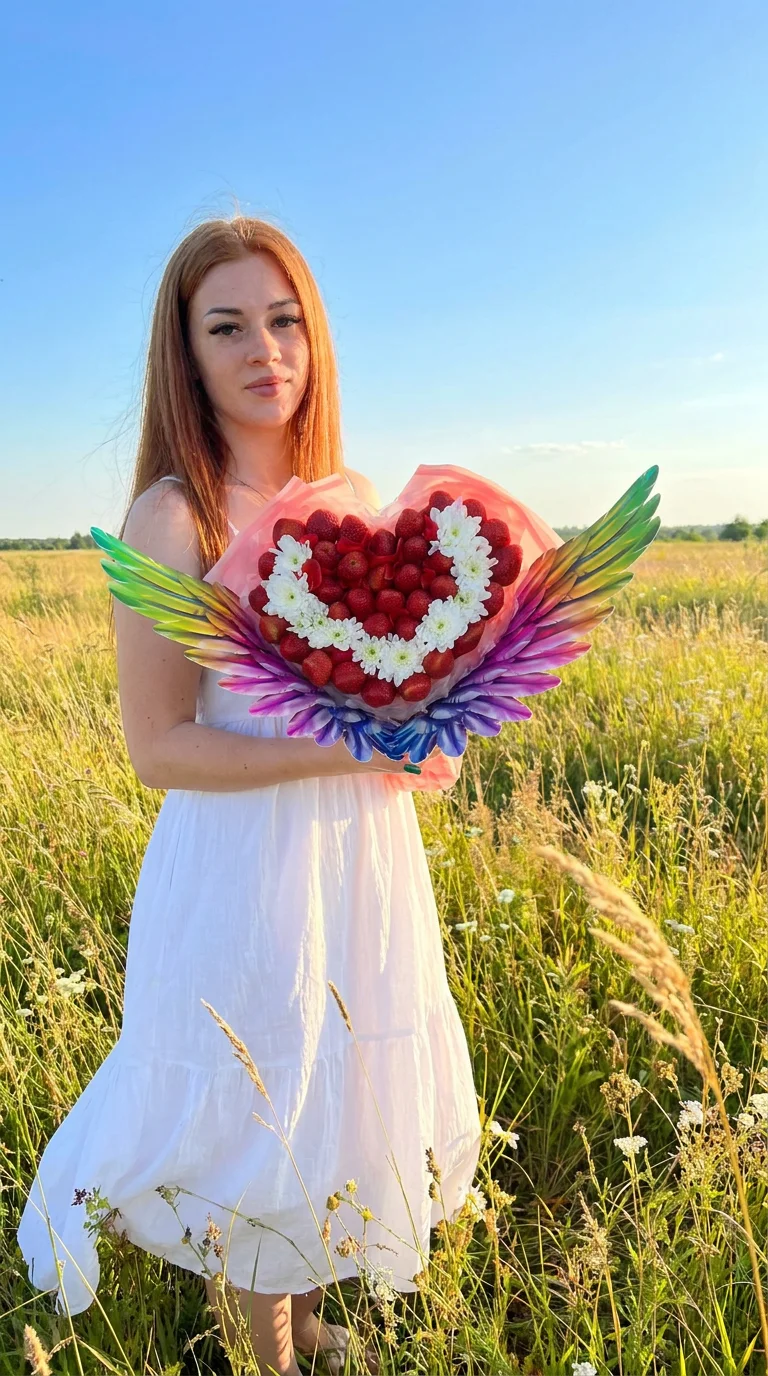 Убрать букет со второго фото и добавить туда как на первом , поменять фон ,лето солнце , поле , белое платье на девушке
