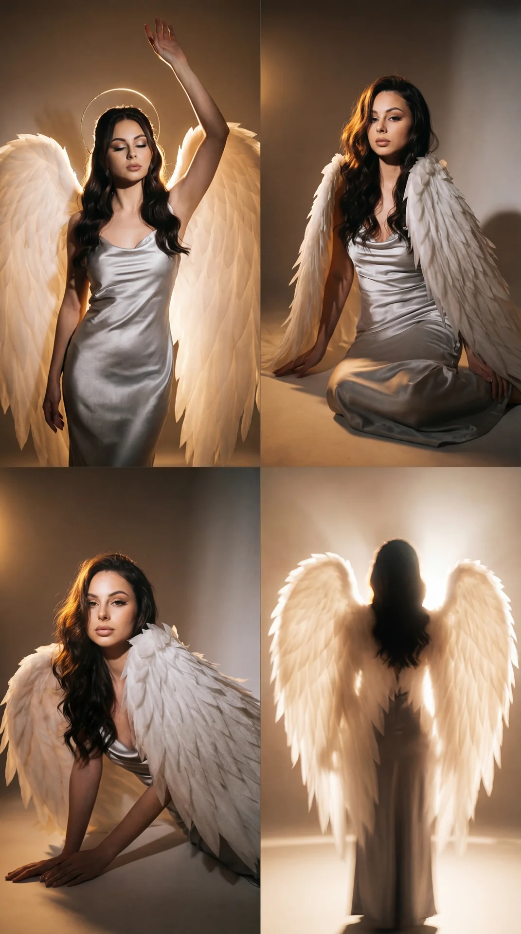 The image is a collage of four photographs, each depicting a woman with large, striking angel wings in a warm, softly lit setting. 

1. **Top Left:** The woman is standing with one arm raised, silhouetted against a bright light source behind her head, cre