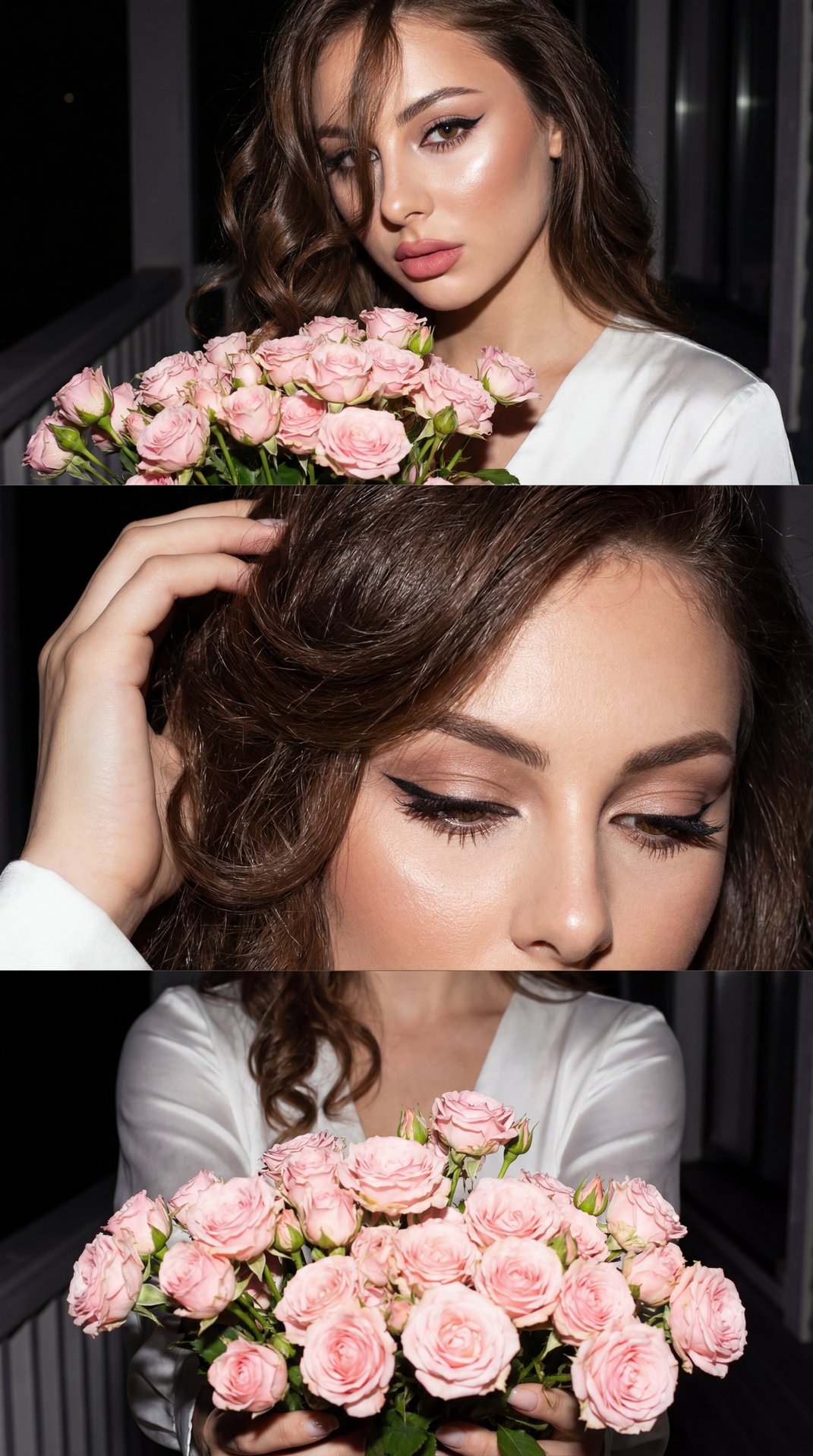 The Triptych 
Top shot: Extreme close-up of a girl's face sitting on the veranda at night holding a huge bouquet of delicate pink bush roses with a flash. Her hair falls in loose curls over her face. There is a highlighter on the cheeks and on the eyes in