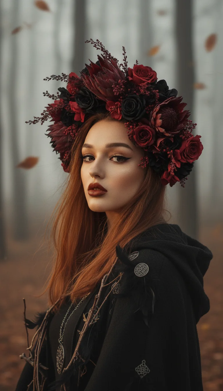 @Kvitka_uk:Ultra-realistic portrait of a young Slavic woman, pale porcelain skin,
piercing expressive eyes with thick black smoky eyeliner and dark eyeshadow,
thick dark arched eyebrows, full lips with matte dark terracotta brick red lipstick,
long flowin
