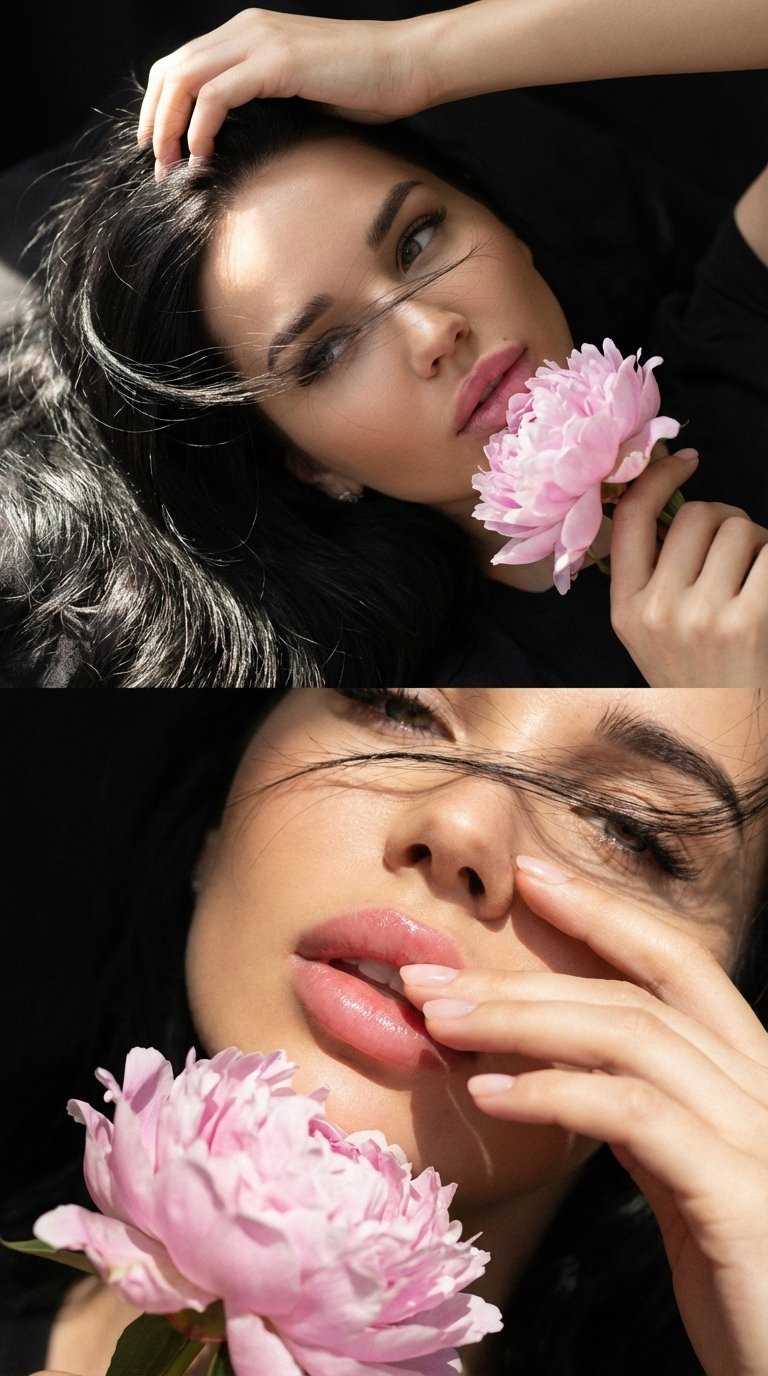 Use the face from the reference photo and preserve facial features exactly 1:1. Do not change the face shape, eyes, lips or nose. Create a seamless collage composed of two visual moments within one continuous frame without borders or visible separation. T