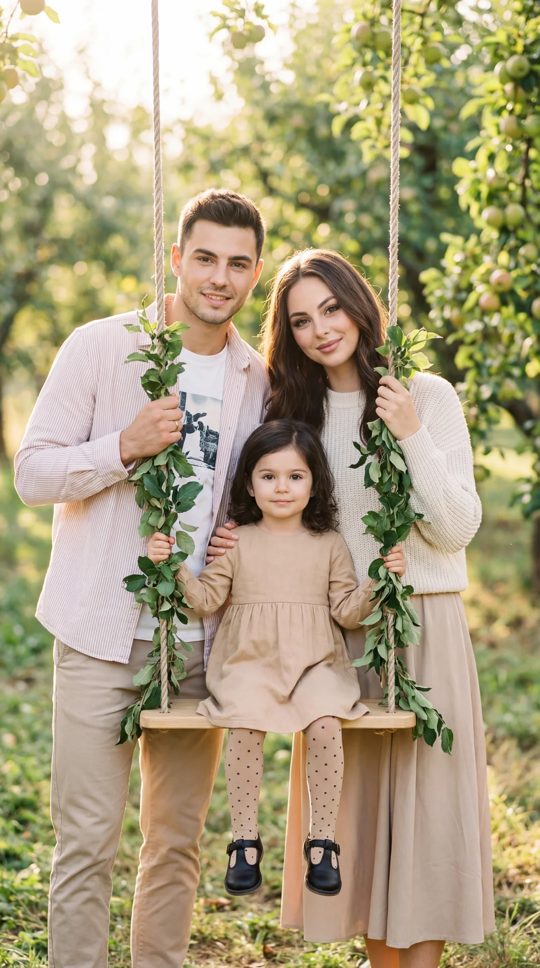 Professional family portrait in a sunlit orchard, vertical medium-wide shot, eye-level camera, 85mm lens, f/2.0, soft backlight and creamy bokeh, warm pastel color grading, crisp subjects with gentle rim light; a man (left) and a woman (right) flank a woo