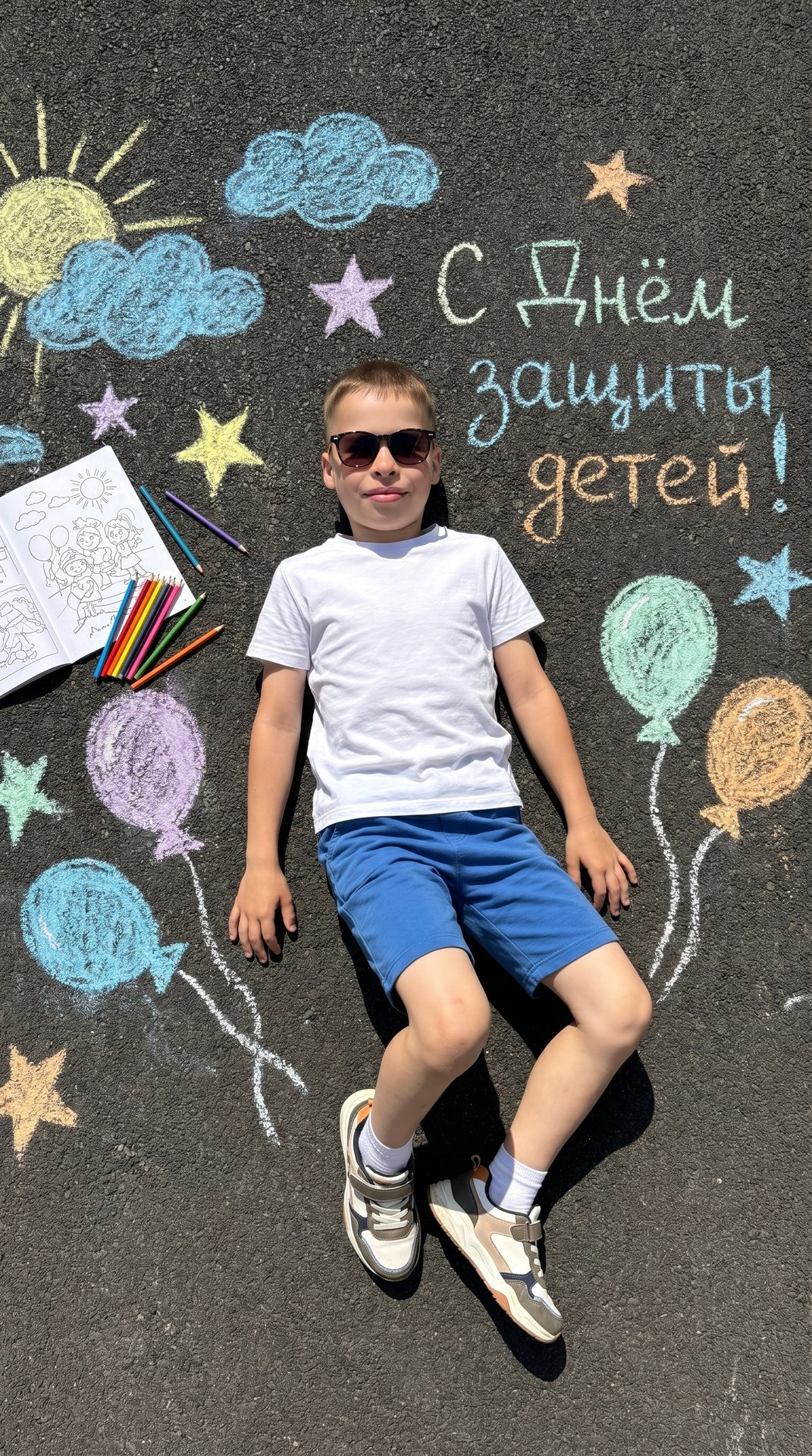 Не меняя черты лица! Высокая детализация текстур кожи и волос, позволяющая рассмотреть текстуру кожи, отдельные волоски бровей и ресницы. А так же одежды.
Вид сверху: маленький мальчик 9 лет лежит на тёмном зернистом асфальте среди ярких рисунков цветными