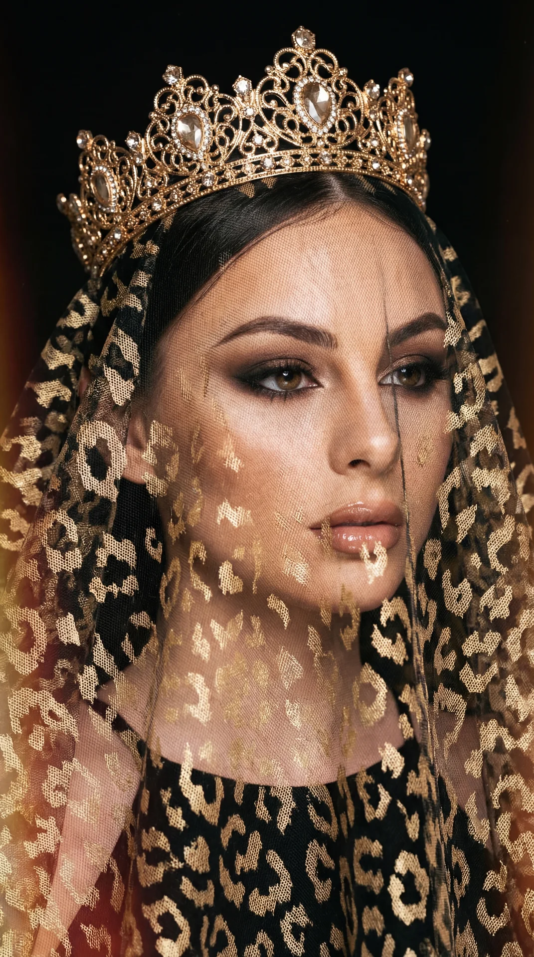 A girl in a regal, spectacular studio portrait wearing a crown of gold filigree and a transparent tulle veil with a leopard print, completely covering her head and face; close-up shot (head and shoulders), 3/4 angle of the girl, at eye level; hands not vi