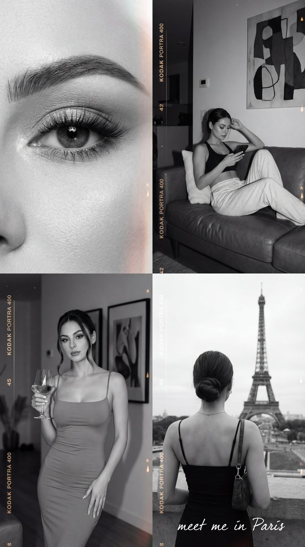 This black and white collage consists of four distinct images, each capturing a different scene or mood.

1. **Top Left:** A close-up shot of an eye. The details are sharp, highlighting long, dramatic eyelashes and a perfectly arched eyebrow. The lighting