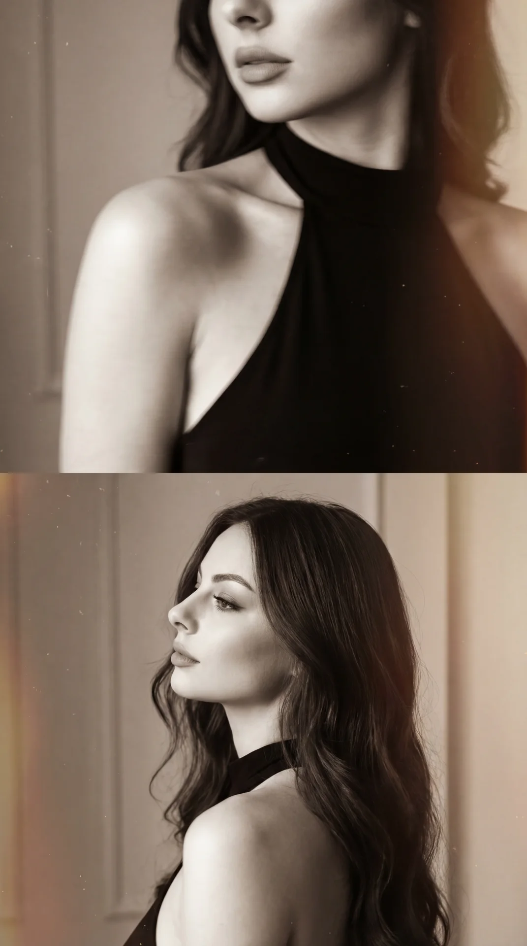 The image consists of two sepia-toned portraits of the same person. 

In the upper section, the focus is on the person's left shoulder and partial face, emphasizing their neck and shoulder area. They're wearing a sleeveless, high-neck black top. The light