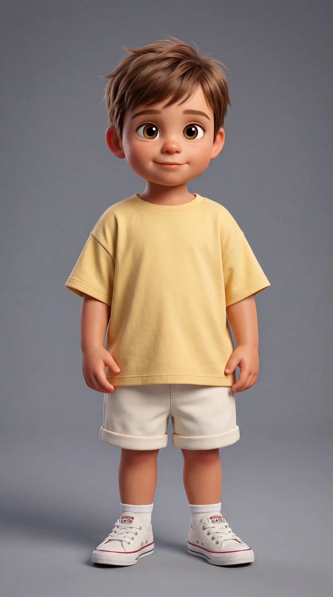 3D-анимация качества Pixar, выразительные глаза, детализированное лицо, кинематографическое освещение, красочный, анимационный персонаж фильма
Малыш 2,5 мальчик в нежно желтой оверсайз футболке со светлыми волосами
Молочные шортики
Носки , белые кеды
Серы