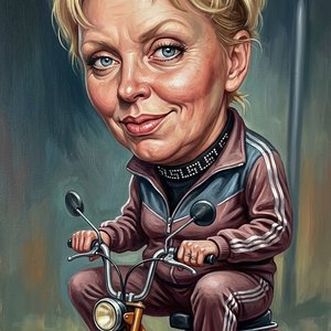 Динамичная гротескная картина, выполненная в технике акриловой живописи. В центре композиции изображена гиперболизированная дама в образе «гопницы», сидящая на крошечном, комично маленьком мопеде, который едва доходит ей до колен. Женщина обладает высоком