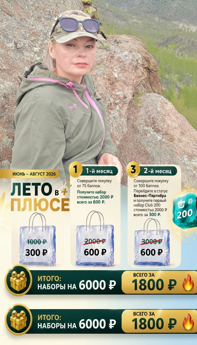 Создай коллаж с моим фото на акцию от компании Siberian Wellness. Сроки акции-июнь- август 2026
Для кого -новые клиенты 

 Акция " Лето в плюсе"
 С 1 июня для новых клиентов Siberian Wellness  действует специальная летняя акция 
1. 1-й месяц  зарегистриру