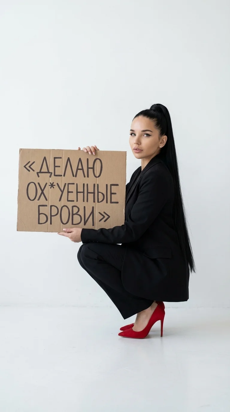 3.
Портрет во весь рост этой уверенной молодой женщины, присевшей на корточки на гладком белом полу на фоне минималистичной белой стены. У нее гладкие темные волосы длиной чуть ниже поясницы, собранные в высокий хвост. Она одета в строгий черный пиджак и 