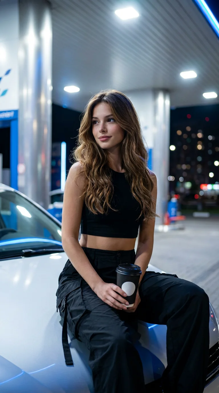 Framing & Camera: Full-body or three-quarter portrait (full-body / medium shot), vertical composition, captured at eye level or slightly from below.

Pose & Composition: A young woman is casually sitting on the hood of a car, slightly turned sideways towa