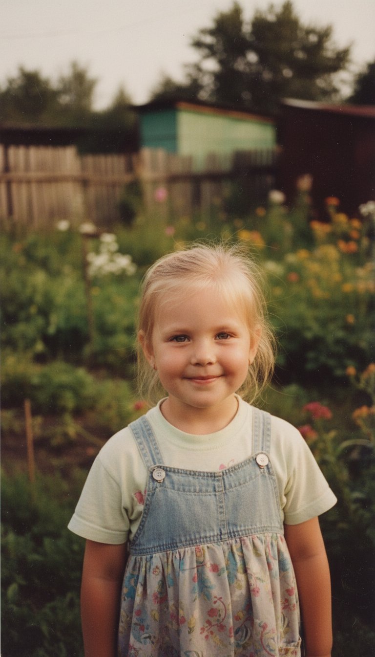 Generate an old childhood photograph of what this woman might have looked like at age 6–8. The child should clearly resemble the adult woman, preserving recognizable facial features such as eye shape, nose, lips, and smile. The child has soft round cheeks