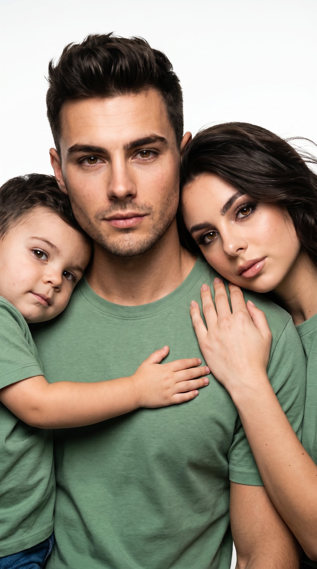 An ultra-realistic, close-up studio portrait, intimate and emotional, with no alterations to facial features. Three people fill the frame from edge to edge. The man is centered, looking forward, calm and confident. The woman has her head on his shoulder, 