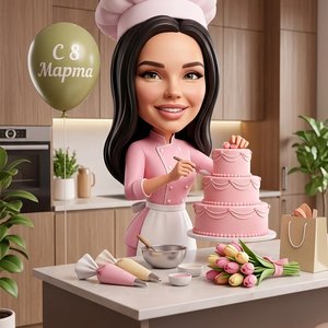 Миловидная девушка в 3D\-карикатурном стиле с крупной головой и реалистичными чертами лица, девушка стоит на красивой современный кухне с островом, на острове стоит большой розовый торт , лежит набор для кондитера , девушка одета в розовую форму кондитера