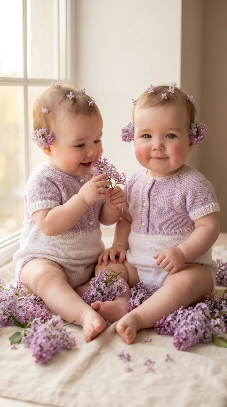 Ultra-realistic professional photo of two identical twin baby girls, 8 months old. They are sitting on a soft cream linen rug, wearing matching beautiful knitted bodysuit dresses in pale lilac and white with tiny pearl buttons. Fresh lilac flowers (syring