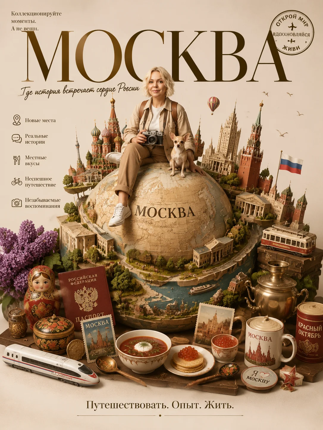 Создайте туристический плакат премиум-класса для МОСКВА Улыбающаяся молодая путешественница с собакой чихуахуа (используйте загруженную фотографии 1:1) непринужденно восседает на прекрасно выполненном миниатюрном глобусе с изображением ландшафта и карты {