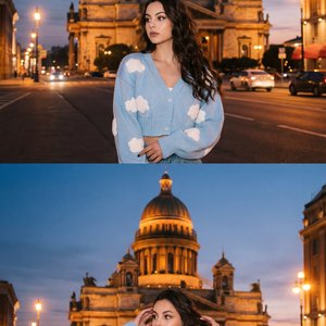 The snapshot consists of two vertically aligned photos of the same location. Both pictures show a woman standing at dusk in front of a magnificent architectural structure.

In the background stands St. Isaac's Cathedral, a majestic neoclassical building w