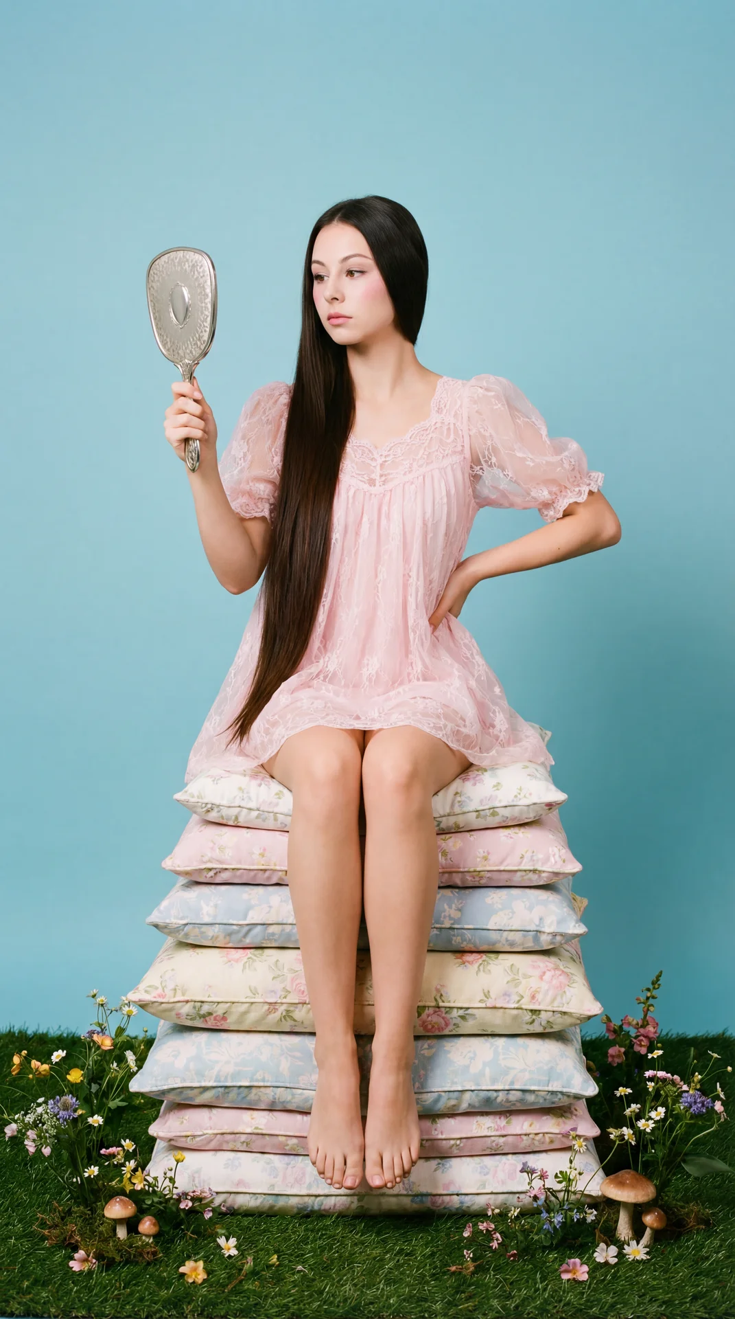 A full-length, professional studio shot of a pop art woman, taken at eye level. She sits perfectly upright, with an elegant posture, on a tall stack of six large pastel, floral-patterned pillows. Her figure is slender. Her right leg is crossed over her le