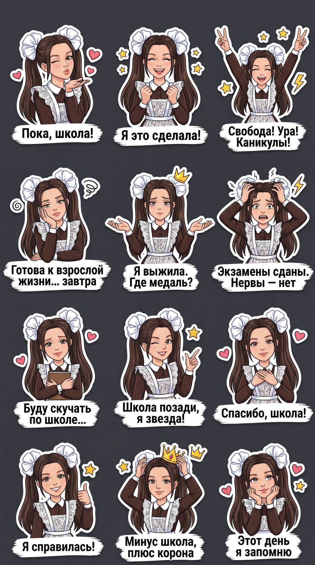 Создай сет из 12 стикеров в стиле cute kawaii / anime / Telegram stickers.
Одна и та же героиня во всех стикерах: милая школьница с длинными тёмно-каштановыми волосами в двух высоких хвостиках, большими белыми бантами, в коричневой школьной форме и белом 