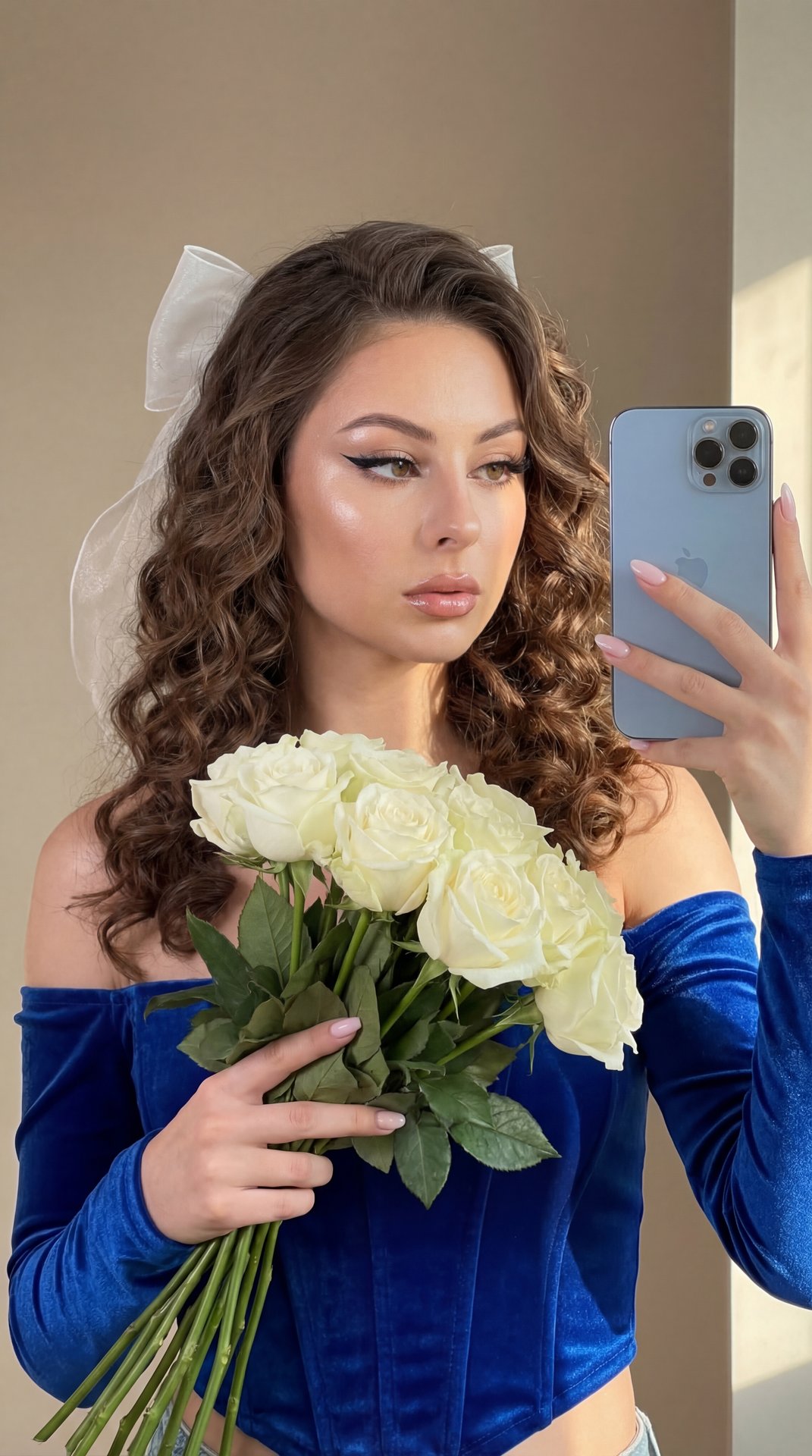 A girl is standing indoors in front of a neutral background, holding a large bouquet of white roses with her left hand. Her left hand is positioned gently around the stems and leaves of the flowers, fingers softly resting on the green foliage. Her right h