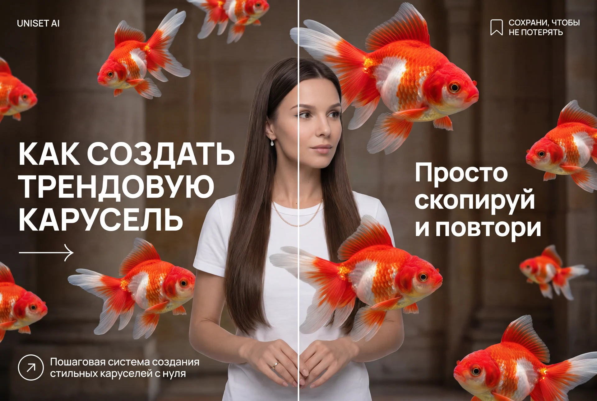 Создай бесшовную карусель из двух квадратных слайдов 3:4 в едином макете 3:2 на тему «КАК СОЗДАТЬ ТРЕНДОВУЮ КАРУСЕЛЬ». Критически важно: это одно непрерывное изображение без швов, рамок и разделителей, которое затем будет разрезано по центру на два квадра