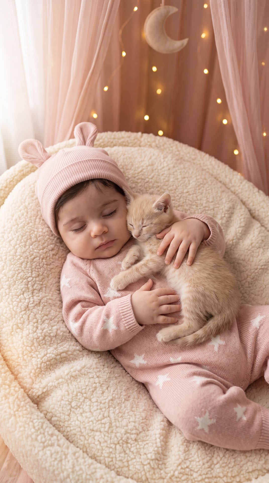 Professional overhead 3/4, medium close-up photo of a sleeping baby in a round plush cream bassinet, hugging a tiny cream-ginger kitten; pose: lying on the back in a snug, slightly curled posture; shoulders relaxed; both forearms wrapped around the kitten