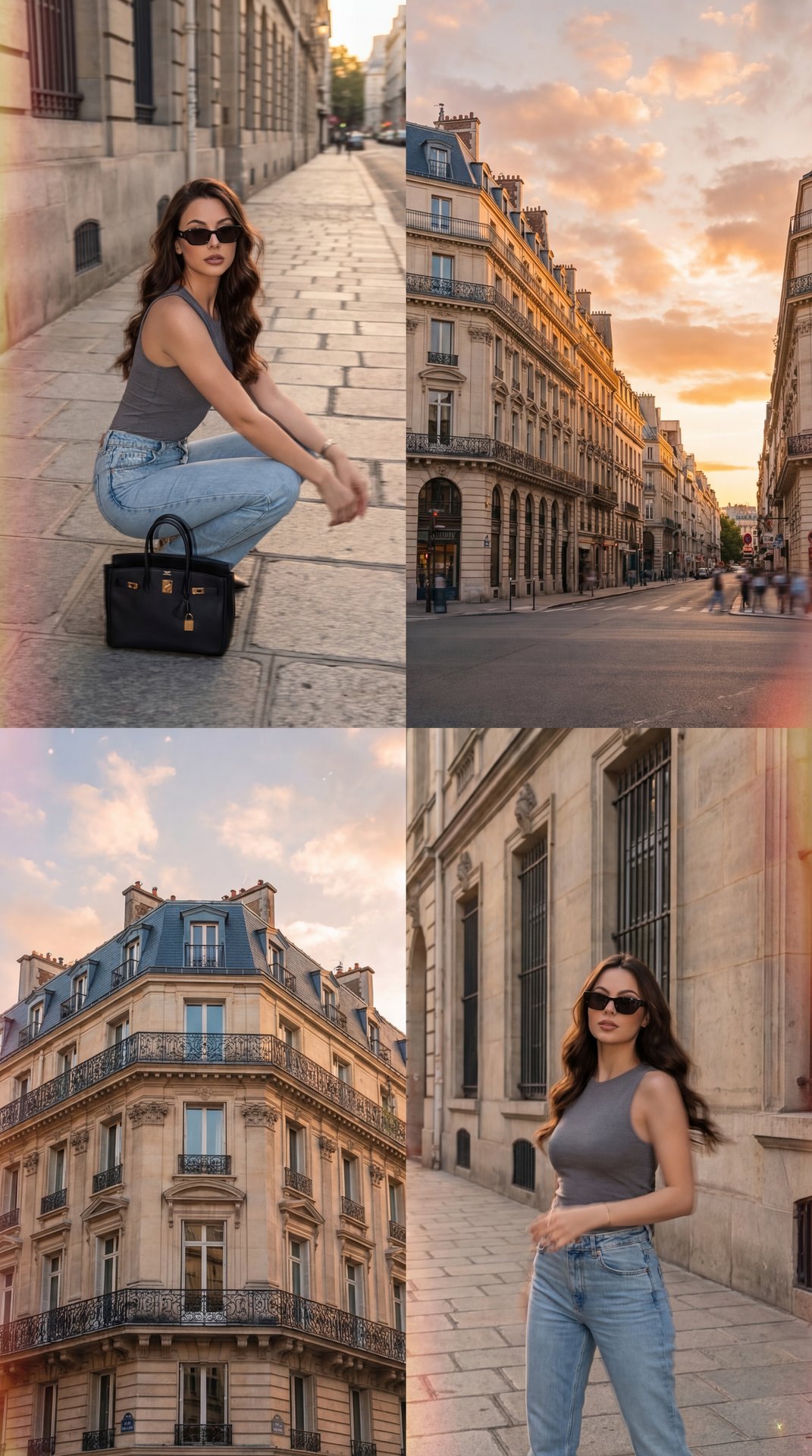 The collage consists of four images showcasing a stylish scene in a European city:

1. **Top Left:** A person with long, wavy hair is crouched on a street, looking poised and fashionable. They are wearing a gray sleeveless top and light blue jeans. They a