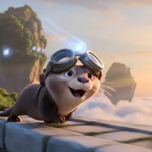 CUT 1 — Discovery


A tiny curious baby otter wearing oversized aviator goggles and a little leather satchel happily explores a hidden floating archipelago high above the clouds. Small glowing wind spirits playfully circle around the otter while giant flo