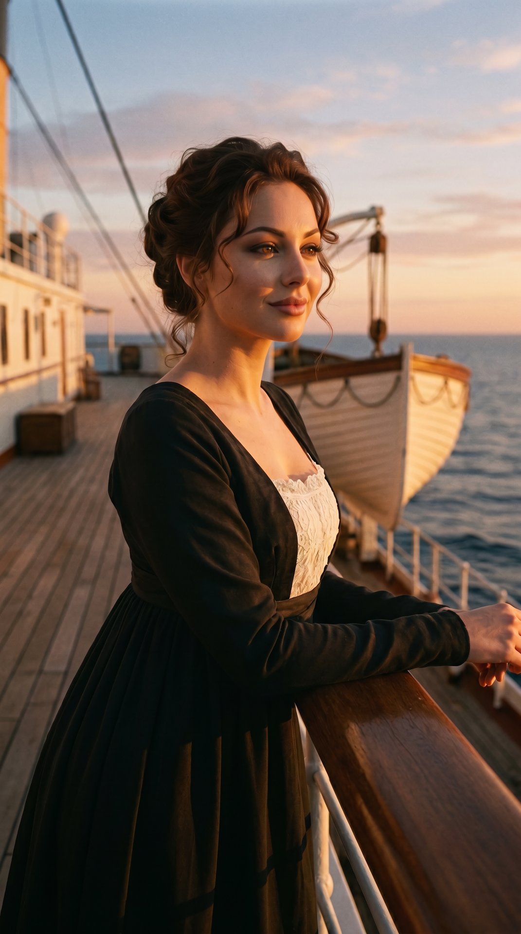 3) 
Use the uploaded SCENE REFERENCE image as an ABSOLUTE STRICT reference for:

• composition  
• pose  
• framing  
• Titanic ship deck environment  
• historical outfit  
• hairstyle  
• facial expression mood  
• warm sunset lighting  
• ship architec