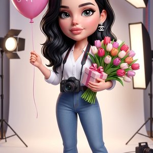 Миловидная девушка в 3D\\\-карикатурном стиле с крупной головой и реалистичными чертами лица, девушка стоит в фотостудии, вокруг нее студийное оборудование для фото, на шеи у нее висит профессиональный фоторамки, в руке он держит воздушный шар нежно розов