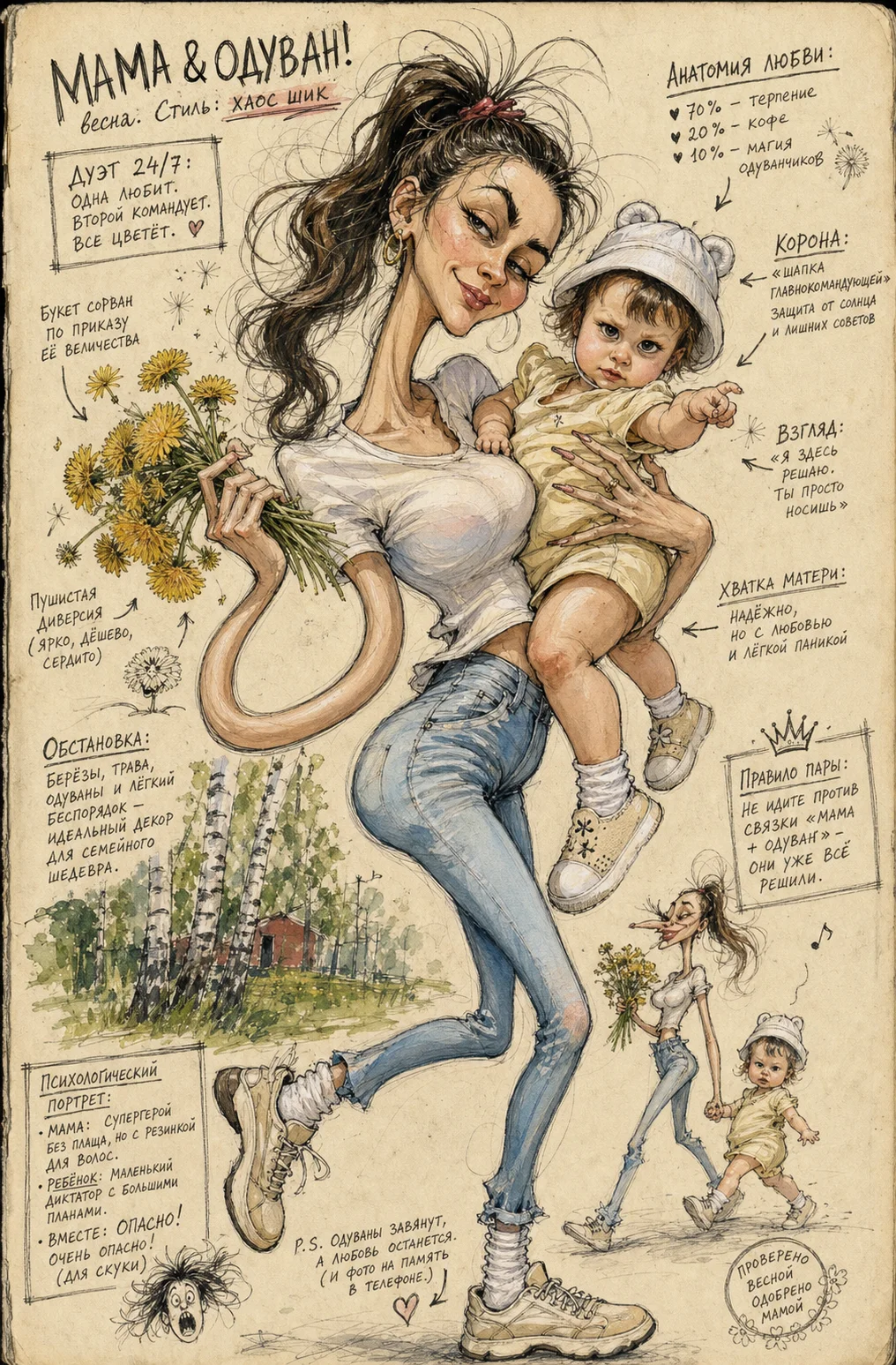 Promt: Turn the people in the photo into a grotesque, humorous fashion caricature. Highly exaggerated anatomy, elongated proportions, expressive, curled arms, dramatic face, awkward elegant pose, satirical fashion energy, messy ink lines, rough watercolor