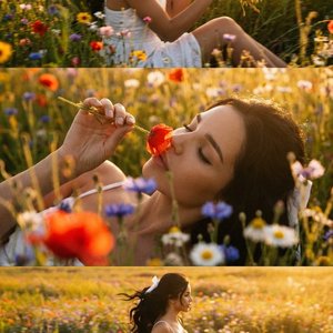 Не меняй черты лица вертикальный коллаж-триптих из трех горизонтальных кинематографических фрагментов:
Верхняя панель: боком к камере девушка в белом  сарафане на брительках сидит в поле ярких полевых цветов разных оттенков вокруг их очень много они насыщ