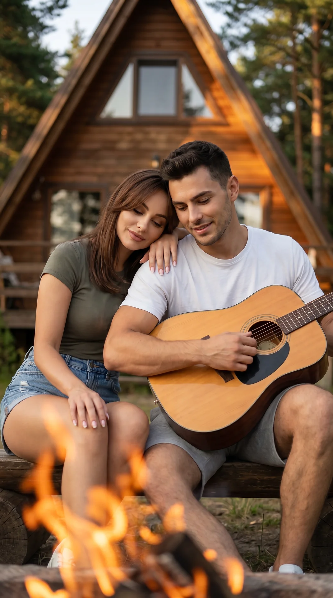 Hyperrealistic vertical 9:16 photo, pro DSLR (85mm f/1.8) eye‑level medium-close shot: couple sitting on a bench in front of a wooden A-frame cabin at golden hour; preserve original hairstyle and facial features (do not alter). Woman leaning her head on h